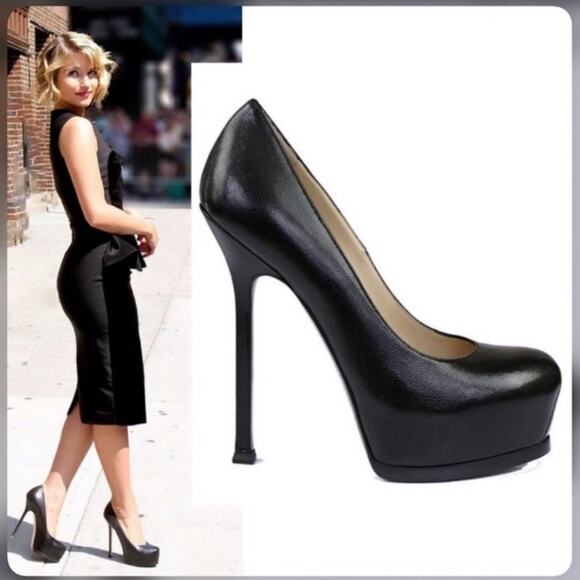 Yves Saint Laurent YSL "TRIBTOO" BLACK CAVIAR LEATHER STILETTOS PLATFORMS PUMPS - Picture 1 of 16